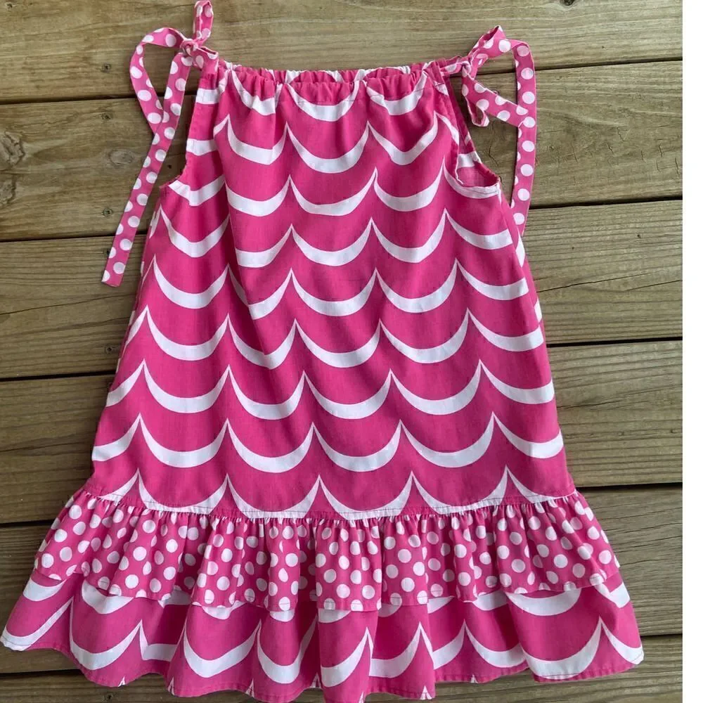 Kelly's Kids Pink & White Scalloped Polka Dot Tie Shoulder Maxi Dress Size 5-6